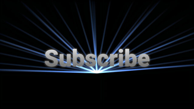 Subscribe button with blue light rays on black background