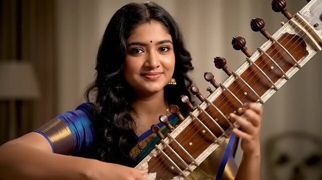 Young Indian Woman Playing Sitar Musical Instrument.