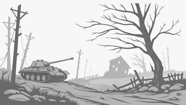 Tank in War Torn Landscape Ruined Village Battlefield Monochrome Vector Illustration