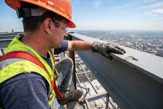 Ironworker wearing fall protection harness on steel beam at height