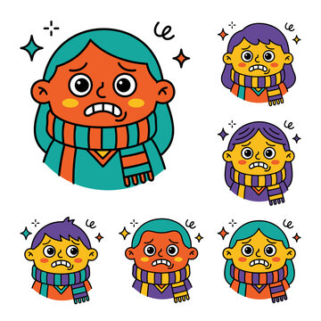 Set of diverse cartoon soccer fans biting lips in nervousness