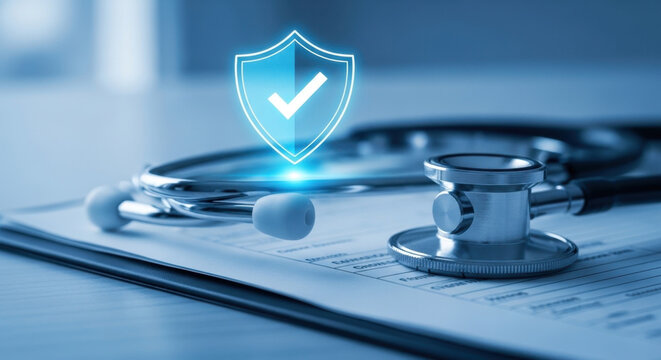 Health insurance and medical coverage concept with stethoscope, clipboard, and protection shield icon. Represents healthcare benefits, patient care, medical assurance, wellness planning