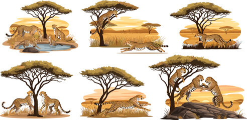 African Savanna Cheetah and Acacia Tree Scene Set with Golden Landscape for Wildlife, Nature, Travel, and Safari Illustration DesignsAfrican Savanna Cheetah and Acacia Tree Scene Set with Golden  © Monirul