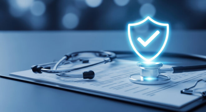 Stethoscope on medical document with digital shield icon, symbolizing health insurance coverage, medical policy and patient protection in modern healthcare system and clinical services.