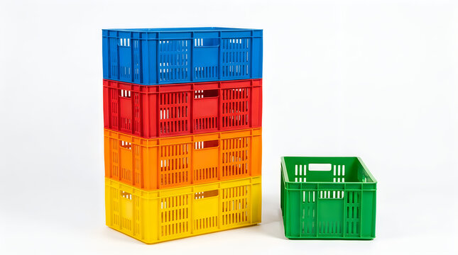 Stack of colorful plastic crates with one open green crate