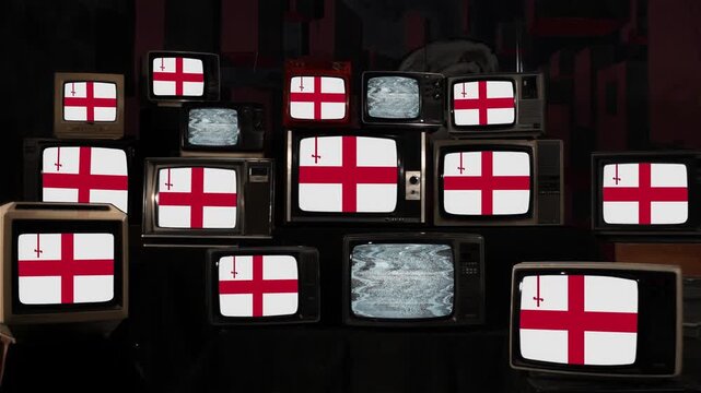 Stacked Vintage TVs Displaying City of London Flag and Shield - 4K