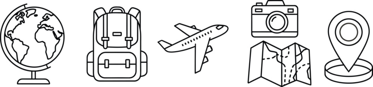 Travel icons set isolated on transparent background globe backpack plane camera and suitcase