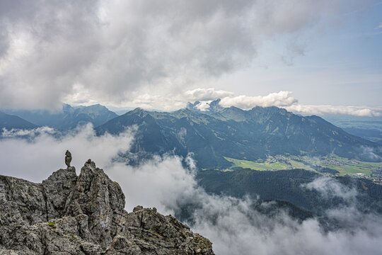 Panoramic View from Thaneller Mountain over Reutte towards the Tannheim Mountains, Gimpel Rote Flueh and Kellenspitze Peaks under Dramatic Clouds, Alpine Landscape, Tyrol, Austria, Europe