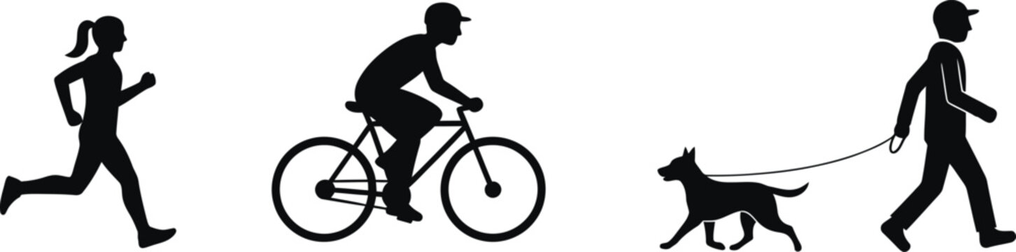 Silhouette figures of people running cycling and walking a dog isolated on transparent background