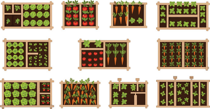 Raised Garden Bed Icon Set with Various Vegetables and Plants for Farming, Gardening, Agriculture, and Urban Garden DesignsRaised Garden Bed Icon Set with Various Vegetables and Plants for Farming, 