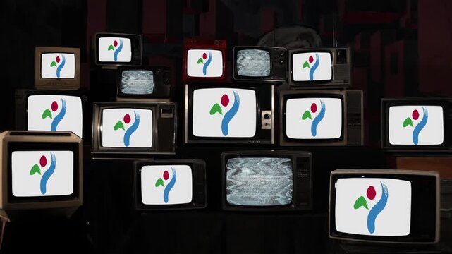 Stacked Vintage TVs Displaying Seoul City Official Logo - 4K