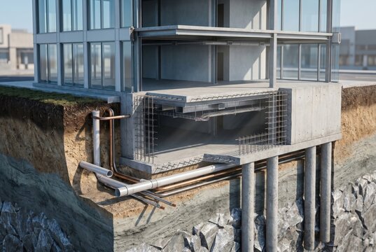 Building foundation cross-section showing concrete pile supports and piping
