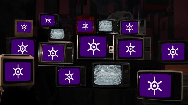 Stacked Vintage TVs Displaying Tokyo Metropolitan Government Symbol - 4K