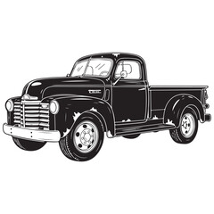 Vintage classic pickup truck vector illustration in black and white line art style for automotive branding and retro garage design © Zulfa