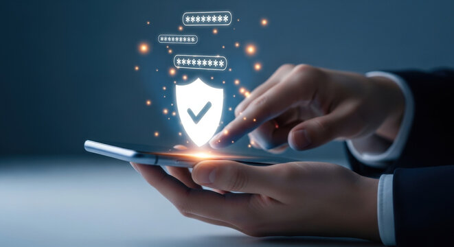 otp, code, security, login, 2fa, sms, Person using smartphone with digital shield icon, representing OTP code verification, password security, and two-factor authentication for data protection.