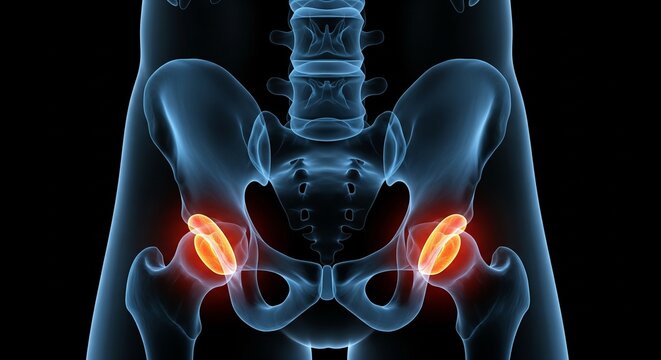 Human hip joint anatomy with inflamed area 3D medical illustration showing osteoarthritis or hip impingement in blue color