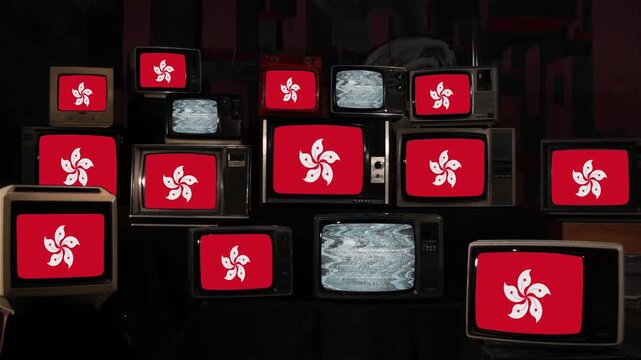 Stacked Vintage TVs Displaying Hong Kong Flag with Static Noise - 4K