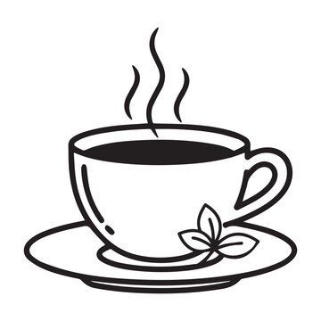 Hot Coffee or Tea Cup with Steam and Mint Leaves - Minimalist Black and White Beverage Line Art Illustration Isolated on White Background