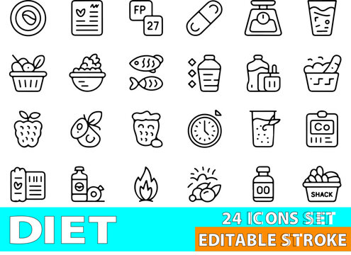 Diet icons set showcasing healthy food items, weighing scales, measuring tools, and calorie counting elements, presented as editable line art illustrations for nutrition.