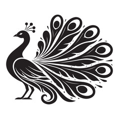 Fototapeta premium Majestic Peacock Vector Illustration Isolated on White Background - Elegant Black and White Bird Line Art