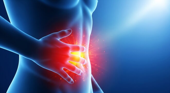 Human anatomy abdominal pain with hand on stomach red radiating glow effect medical illustration in blue gradient tone