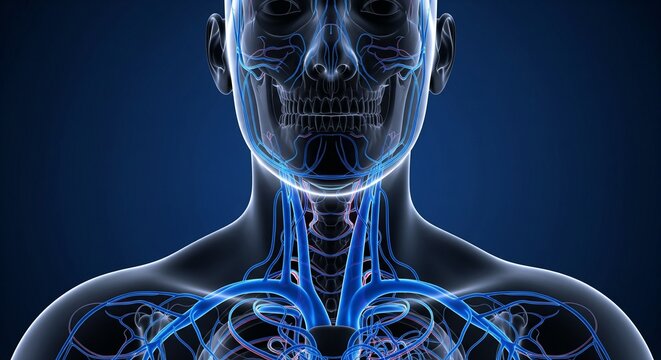 Human anatomical vascular system illustration with a skull showcasing the blood vessels of the head neck and chest on dark blue backdrop