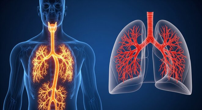 Human body anatomy featuring detailed lungs and respiratory system in a digital 3D rendering with vibrant orange and red on a blue backdrop