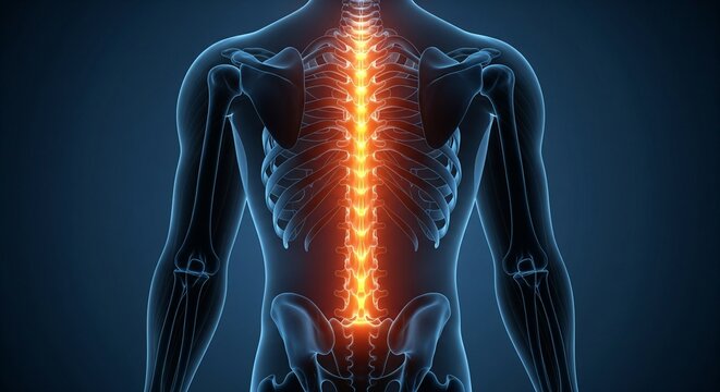 Human body back anatomy with spine bones in glowing orange color skeletal structure shoulder blades and arm bones on dark blue background