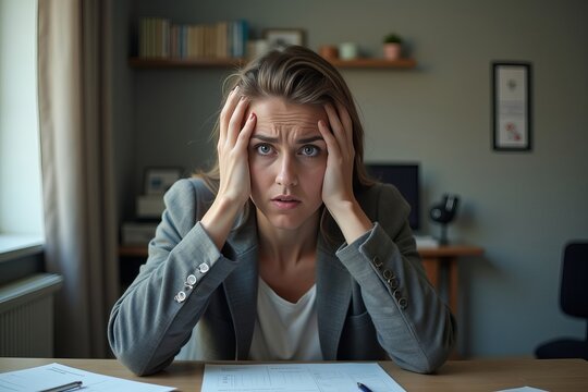 Depressed woman with imposter syndrome feeling overwhelmed sitting in psychiatrist's office