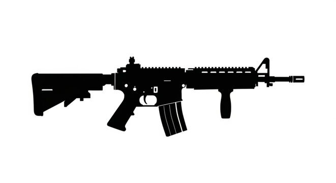 A black silhouette of a modern assault rifle on a white background