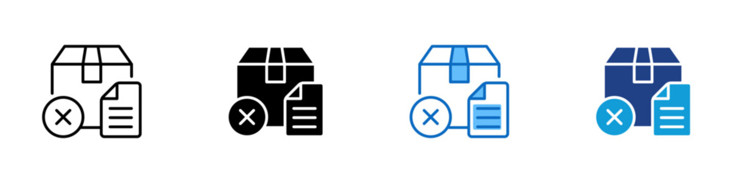 Order Cancellation Multiple Style Icon Design Vector - Package with document and cross mark representing order cancellation, purchase reversal, and transaction termination