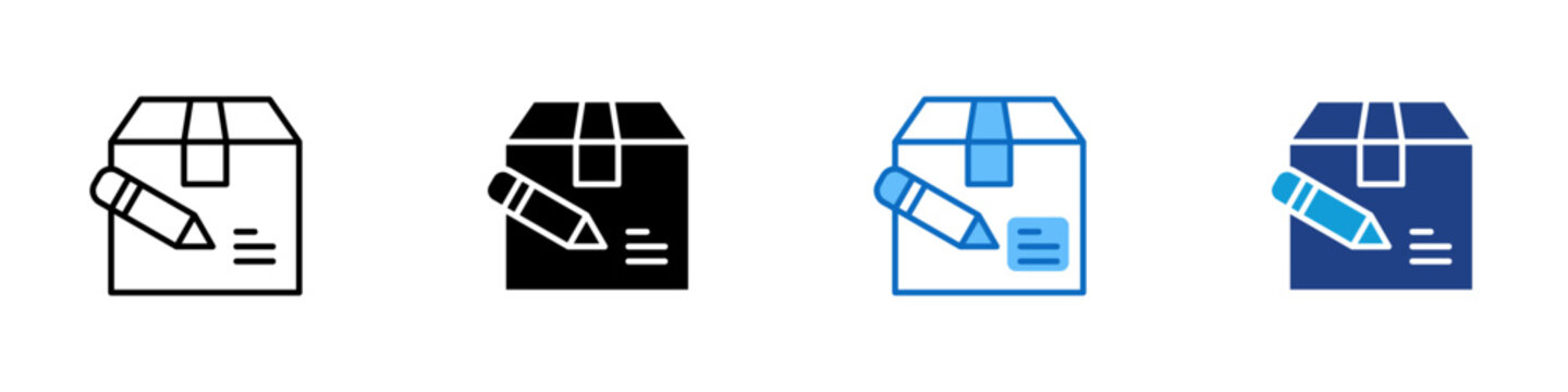 Package Labeling Multiple Style Icon Design Vector - Package with pencil and text lines representing shipment labeling, product identification, and logistics documentation