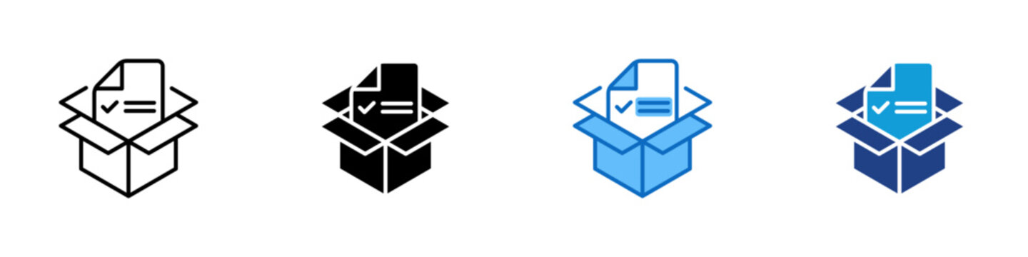 Packing List Multiple Style Icon Design Vector - Open box with checklist document representing shipment preparation, packing verification, and order fulfillment