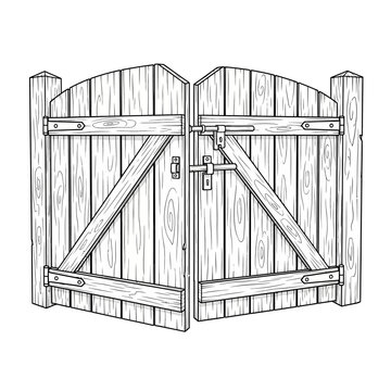 Detailed illustration of a classic wooden gate with latch and hinges