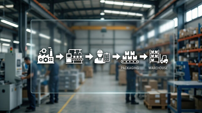 Manufacturing process factory packaging warehouse production line industrial logistics assembly worker automation distribution storage conveyor belt inventory shipping supply chain quality control