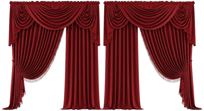 Two elegant and richly draped red velvet curtains with decorative swags and tassels, creating a luxurious and theatrical stage or window treatment.