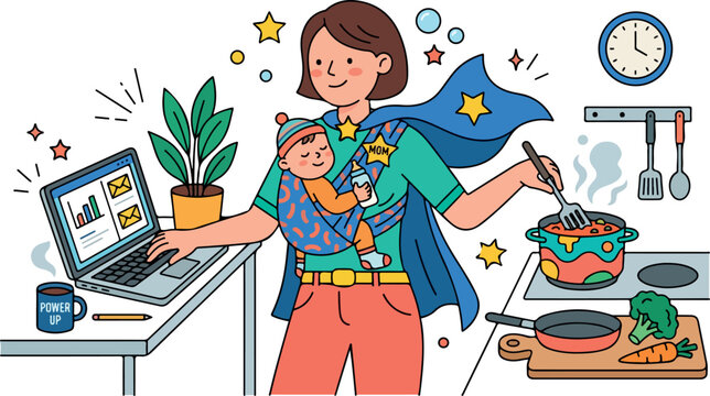 Super Mom Juggling Work Baby and Household Chores