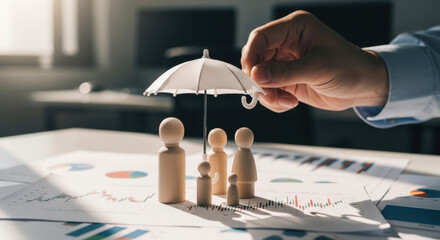 Life insurance concept showing family protection with wooden figures under umbrella on financial documents. Represents coverage, beneficiaries, income security, financial planning