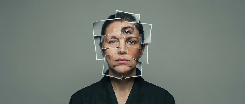Woman?s face composed of fragmented photos, conceptualizing prosopagnosia. Visual representation of face blindness awareness, memory disorder.