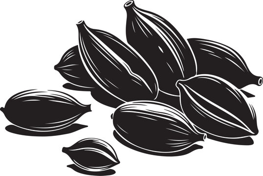 Black cocoa pods, vector illustration, chocolate ingredients, food icons