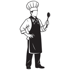 Naklejka premium Professional chef standing and holding a spoon vector illustration for restaurant logo and culinary branding
