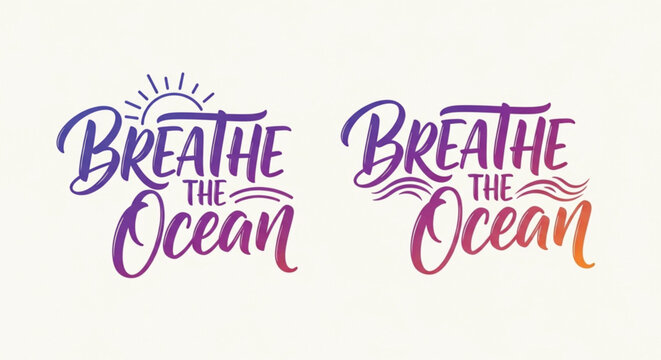 Breathe the Ocean Typography Quote Design with Waves and Sun Summer Beach Lettering Set