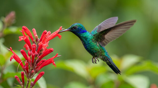 Iridescent Hummingbird Feeding on Red Flowers