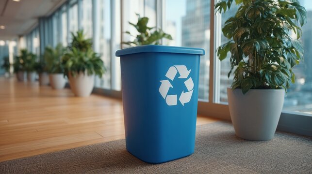Blue recycling bin sits near window sill