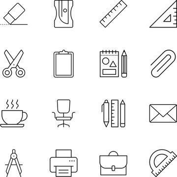 office and school supplies icons set, eraser, pencil sharpener, ruler, scissors, notepad, paperclip, coffee cup, printer