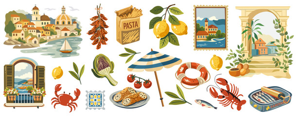 Mediterranean italian summer vector set with sardines can, lemon branch, Coastal villages, seafood, and vintage architecture. Vintage travel illustration collection in retro poster for tourism © Tasha