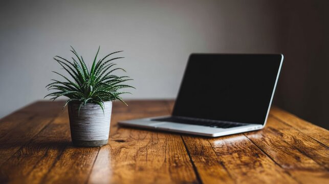 Potted succulent plant rests near an open portable computer on a wooden surface.