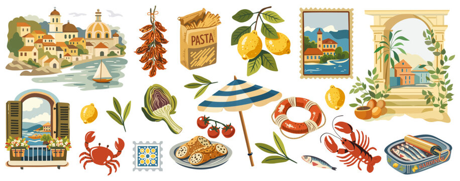 Mediterranean italian summer vector set with sardines can, lemon branch, Coastal villages, seafood, and vintage architecture. Vintage travel illustration collection in retro poster for tourism