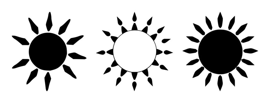 Renewable energy sun icon set with solid black silhouette on white background featuring renewable, solar, power with energy and light