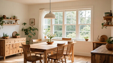 Fototapeta premium bright cozy dining space wooden furniture large window view natural lighting calm mood realistic photo quality